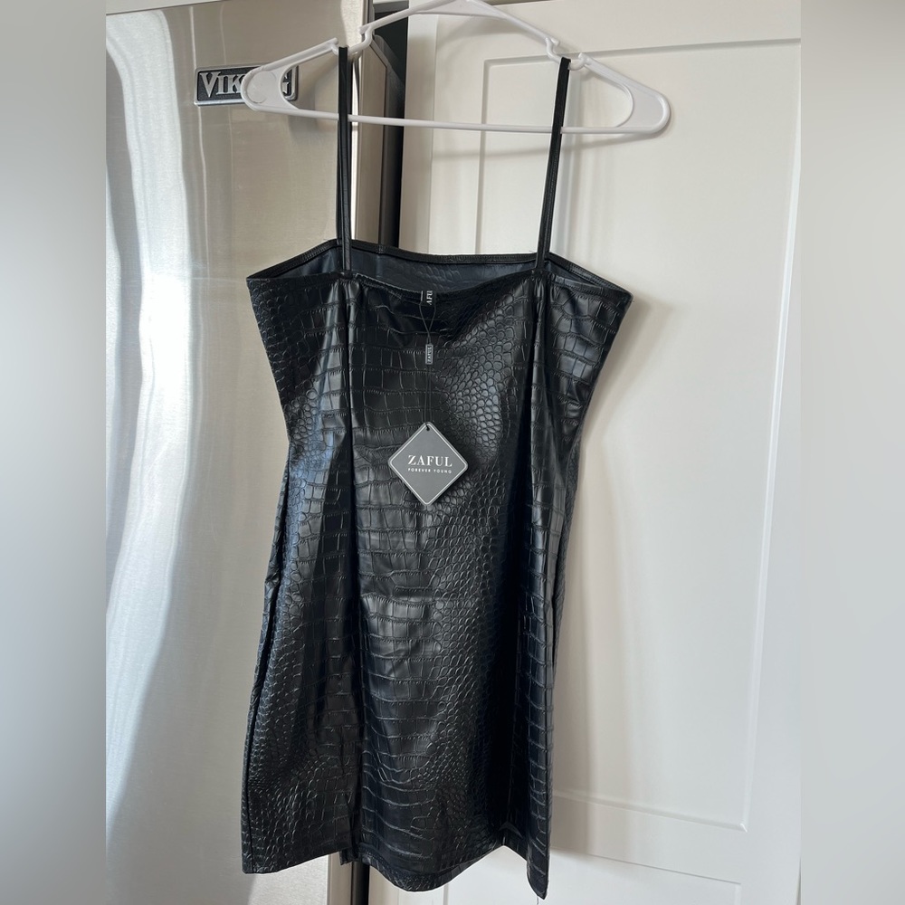 Faux, black, leather snakeskin, mini dress